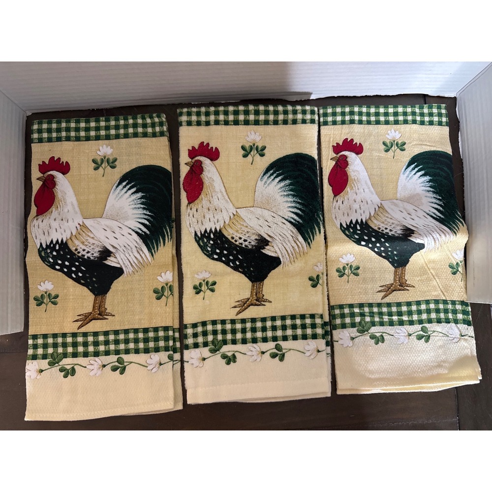 Franco Rooster Kitchen Towels Set /3 Cream Green Gingham Farmhouse Country Decor